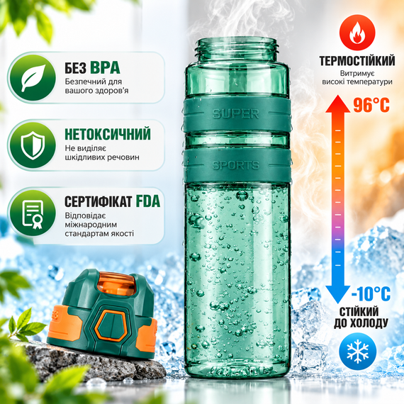 Спортивная бутылка KANGZYUAN 500 мл зеленая - Tritan BPA Free, ударопрочная бутылка для воды с трубочкой, ремешком | Зображення 5