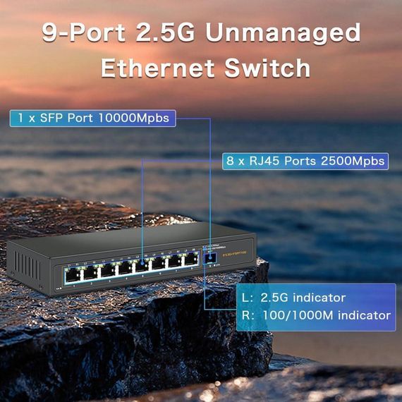 Davuaz 2.5G Ethernet комутатор з 8 портами 2.5G Base-T та 1 портом 10G SFP, безвентиляторний, Plug & Play | Зображення 2