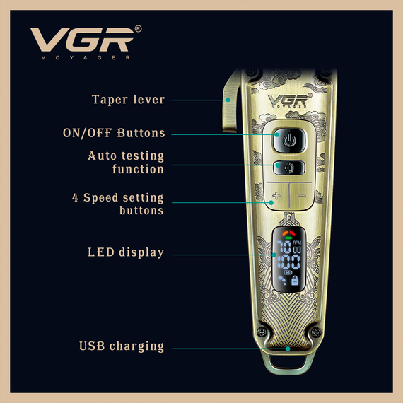 Акумуляторна машинка для стрижки VGR V-005, 8 насадок, LED дисплей | Зображення 1