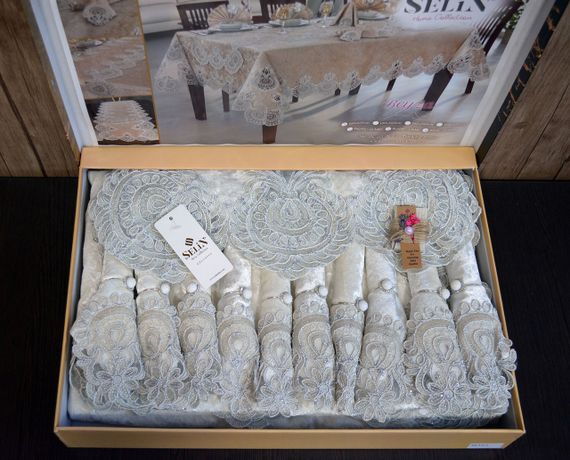 Велюрова скатертина з ранером Selin Beyza Set 160×350+12 серветок Кремова | Зображення 2