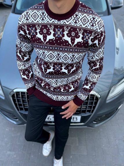 Мужской новогодний свитер с оленями низкий воротник PA2658 цвет бордовый, размер L