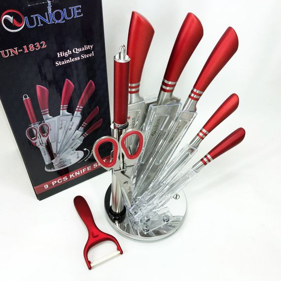 Набір ножів UNIQUE UN-1832 з підставкою 9 предметів овочечистка точилка ножиці Нержавіюча сталь | Зображення 6