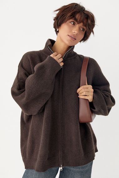 В'язаний кардиган оверсайз на блискавці - темно-коричневий цвет, ONE SIZE (є розміри) | Зображення 4