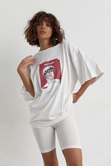 Женский костюм с футболкой oversize и велосипедками - молочный цвет, L (есть размеры) | Зображення 1