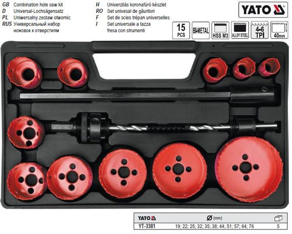 Набір кільцева пила кільцева універсальна HSS M3 Ø=19-76мм 15предм YATO-3381