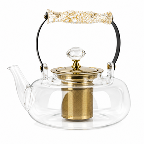 Стильный стеклянный чайник Oolong GK-5813 1 л с золотистыми элементами и удобным заварочным фільтром Прозрачный
