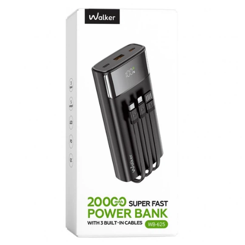Павербанк 20000 mAh WALKER WB-625 LCD дисплей + кабелі MicroUSB/Type-C/Lightning чорний | Зображення 1