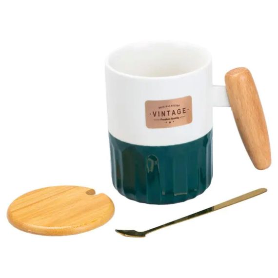 Чашка фарфоровая с бамбуковой крышкой и ручкой 400 мл Зеленая HP7204GR | Зображення 2
