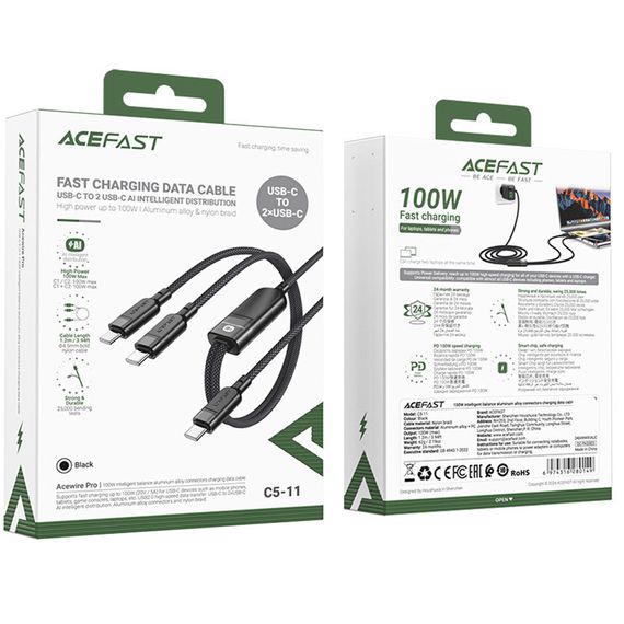 Дата кабель Acefast C5-11 USB-C to 2xUSB-C 100W (1.2m) Black | Зображення 1