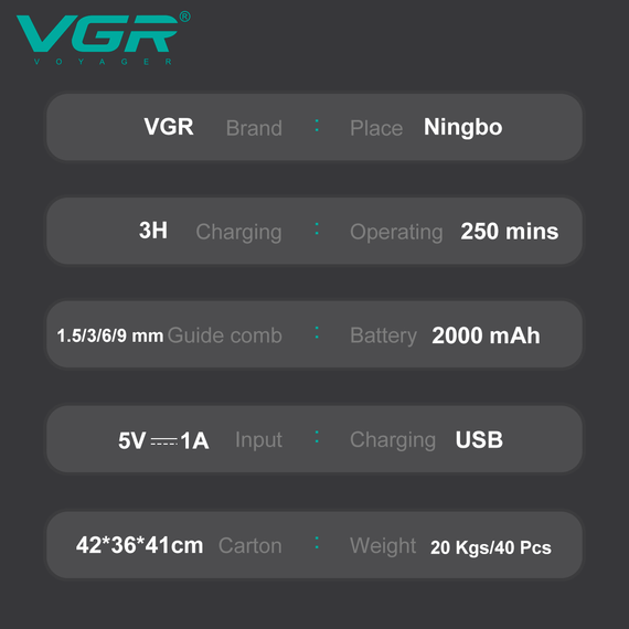 Акумуляторна машинка для стрижки VGR V-904 GOLD, 4 насадки, 2000 mAh, LED display дисплей | Зображення 2