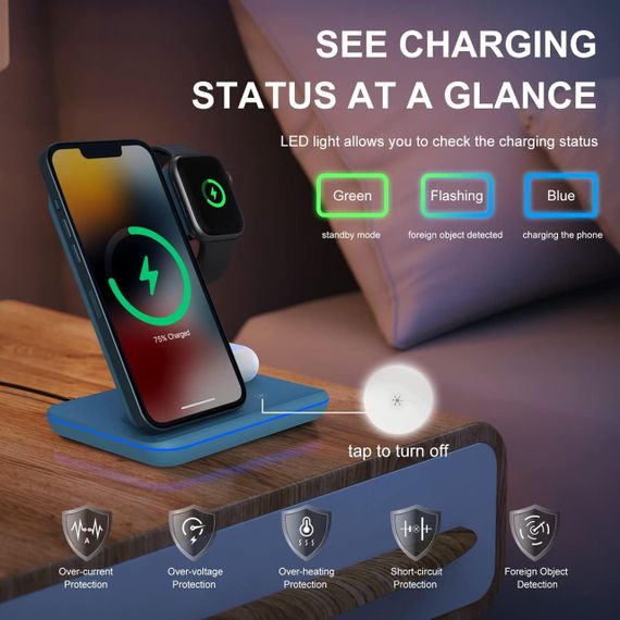 Бездротова зарядна станція 3в1 Minthouz, 18W, для iPhone, Apple Watch, AirPods, QC3.0, Type-C, синя | Зображення 5