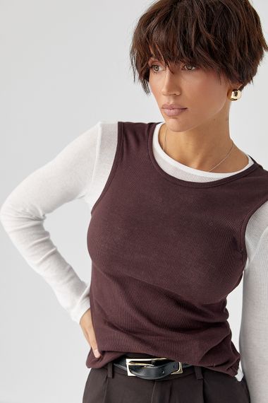 Двошаровий лонгслів у рубчик з імітацією жилетки - коричневий цвет, S (є розміри) | Зображення 4