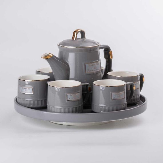 Чайний набір на 6 персон (з заварювальним чайником, чайником-заварником та керамічною підставкою), сірий. | Зображення 4