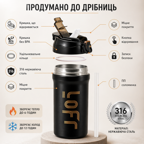 Термокухоль 600 мл з нержавіючої сталі 316 чорний – вакуумний термос з кнопкою, герметичний, для кави та чаю | Зображення 2