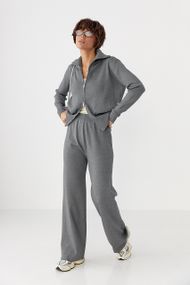 Трикотажний костюм із коротким кардиганом на блискавці та широкими штанами - сірий цвет, ONE SIZE (є розміри)