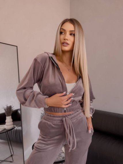 Женский спортивный велюровый костюм с укороченной кофтой LM10364 цвет мокко, размер 42/44 | Зображення 2