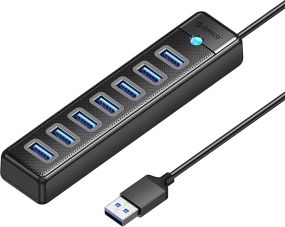 USB-хаб Orico PW7U-U3, 7x USB-A 3.0, USB-C 5V/3A, 1 м, чорний