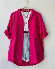 Женская легкая рубашка оверсайз с подворачиваевым рукавом с фиксатором креп жатка PF4125 цвет малиновый, размер 54/56