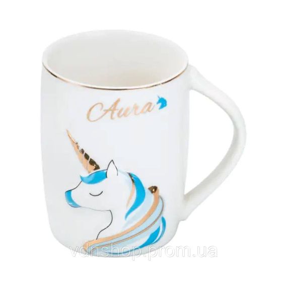 Чашка фарфоровая с рисунком единорога 400 мл Aura Голубая HP7187BL