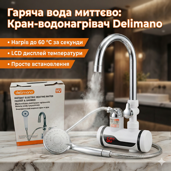 Проточний водонагрівач Delimano з LCD і душем із бічним підклеюванням, 3 кВт/Кран водонагрівач