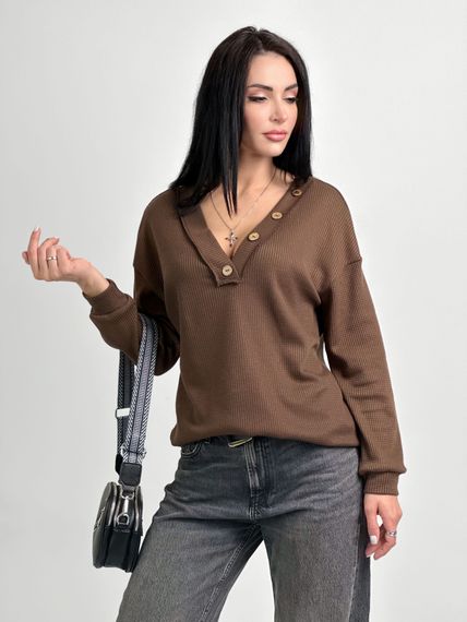 Женский пуловер с V-образным вырезом свободный трикотажный цвет коричневый, размер 46/48 GF4217 | Зображення 1