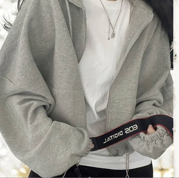Женское укороченное худи оверсайз на молнии с капюшоном цвет серый размер 42/48  HI2731 | Зображення 1