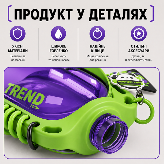 Бутылка для воды TREND 780 мл зеленая с силиконовым чехлом, соломинкой и ремешком | Зображення 4
