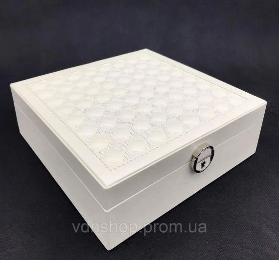 Шкатулка для украшений стеганая с большим откидывающимся зеркалом маленькая шкатулка внутри цвет слоновая кост | Зображення 1