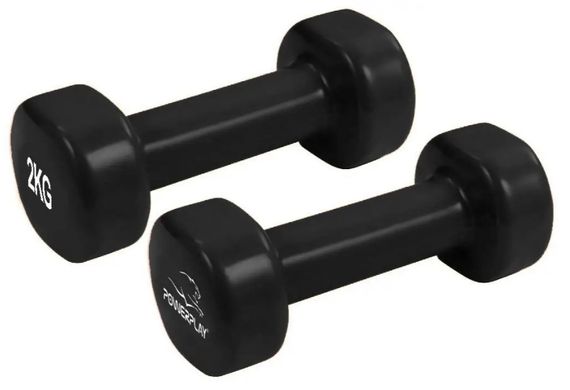 Гантелі вінілові PowerPlay 2 * 2 кг PP_4121 Чорні 2 шт + Гумка для фітнесу 7,5 кг (PP_4121_2*2kg) | Зображення 2