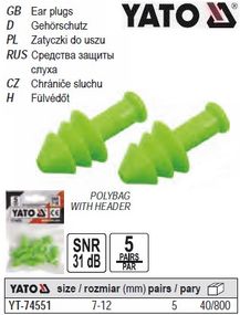 Набор беруши YATO протишумові 31 дБ силікон 5 пар YT-74551