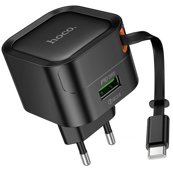 СЗУ Hoco C154A Changer With Retractable Cable Type-C PD20W+QC3.0 (1USB-C) Black