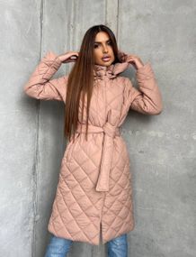 Женская длинная теплая куртка-пальто стеганая силикон 200, NA1044 цвет мокко, размер 46/48