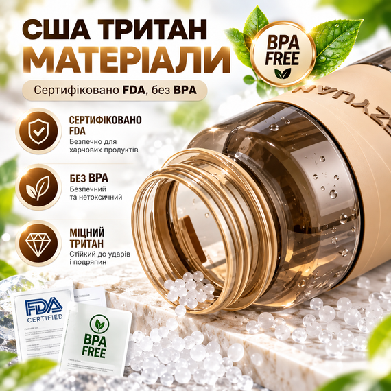 Спортивная бутылка KANGZYUAN 1000 мл - Коричневая Tritan BPA-free, ударопрочная эко-бутылка с фильтром и ремешком | Зображення 7