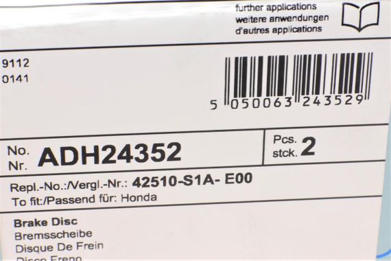 Диск тормозной задний Honda Accord 1.8 2.0 16V 98-02 260x10.5  с покрытием  ADH24352 | Зображення 1