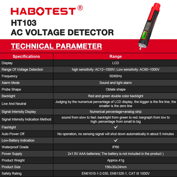 Безконтактний тестер напруги HABOTEST HT103 12-1000V AC з LCD | Зображення 1