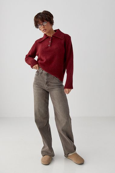 В'язана кофта-поло з ґудзиками на горловині - бордо цвет, ONE SIZE (є розміри) | Зображення 2