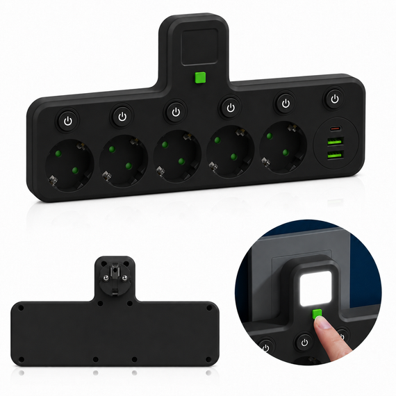 Мережевий фільтр 5 розеток + USB/адаптер на 5 розеток + USB з індивідуальними кнопками та LED-підсвіткою Чорний | Зображення 2
