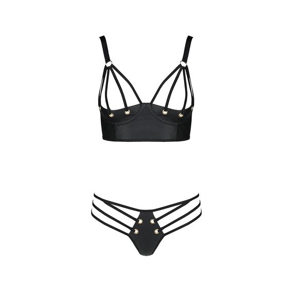 Комплект з екошкіри з люверсами та ремінцями Passion MALWIA BIKINI L/XL, black, бра та трусики | Зображення 2