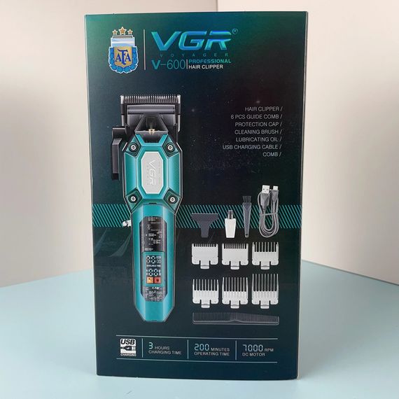 Акумуляторна машинка для стрижки з потужним мотором 7000 RPM, LED-дисплеєм та 6 насадками XPRO VGR V-600 BLACK (45689-V-600 BLACK_587) | Зображення 1