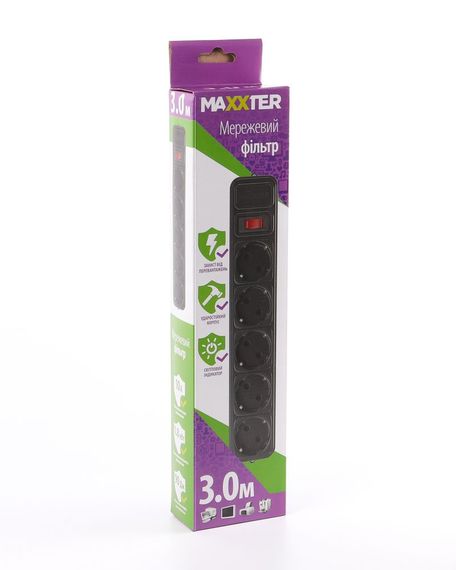 Мережевий фільтр Maxxter SPM5-G-10B чорний, 3 м кабель, 5 розеток | Зображення 1