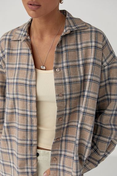 Картата сорочка з напівкруглим низом на ґудзиках - світло-коричневий цвет, L (є розміри) | Зображення 3