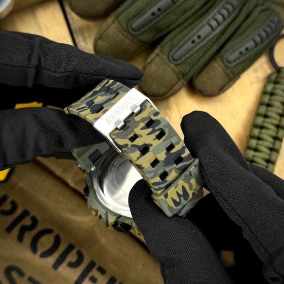 Спортивний чоловічий годинник Awarder 003CMGRUASI Тризуб срібло Зелений камуфляж + Коробка | Зображення 6
