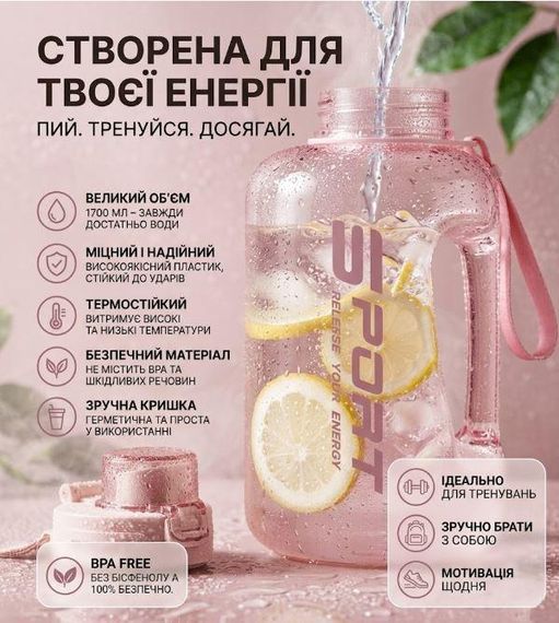 Спортивная бутылка для воды 1700 мл (1,7 л) с ручкой (BPA Free) - Нежный Розовый | Зображення 6