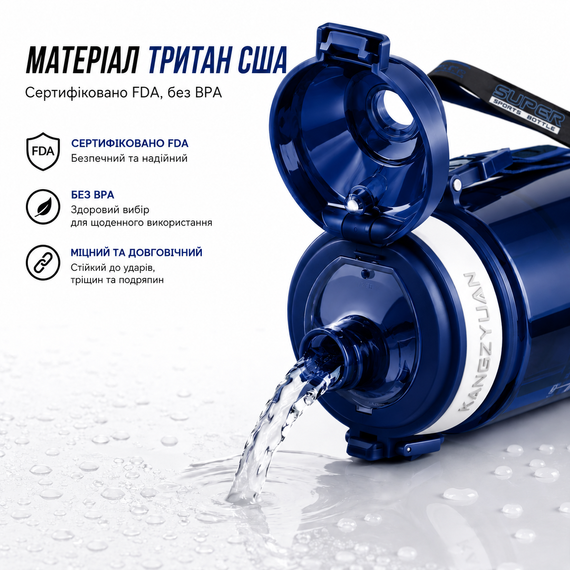 Спортивная бутылка KANGZYUAN 700 мл - Синяя Tritan BPA-free, ударопрочная эко-бутылка с фильтром и ремешком | Зображення 3