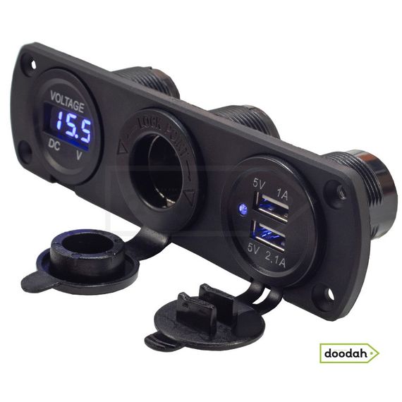 Авто / Мото станція (USB зарядний пристрій + вольтметр + порт прикурювач) Recessed Flow Blue, IP54 | Зображення 3