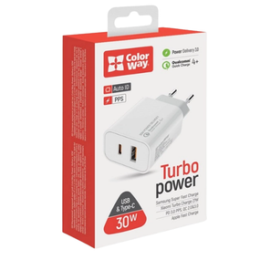 Зарядний пристрій мережевий USB/Type-C 3,0A QC+PD 30W білий ColorWay CW-CHS037PD-WT