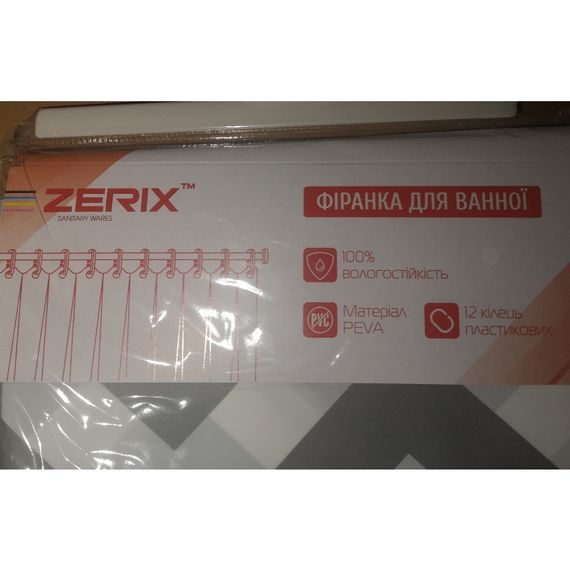 Шторка для ванної ZERIX SCP-016-180x200 з PEVA (поліетиленвінілацетату) (Візерунок "Зигзаг" біло-чорний) (ZX6089) | Зображення 3