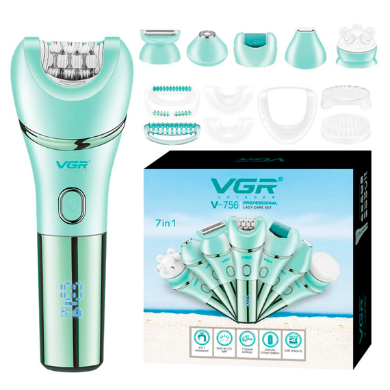 Епілятор VGR 7 в 1 V-756 GREEN, 7 насадок, вологозахист
