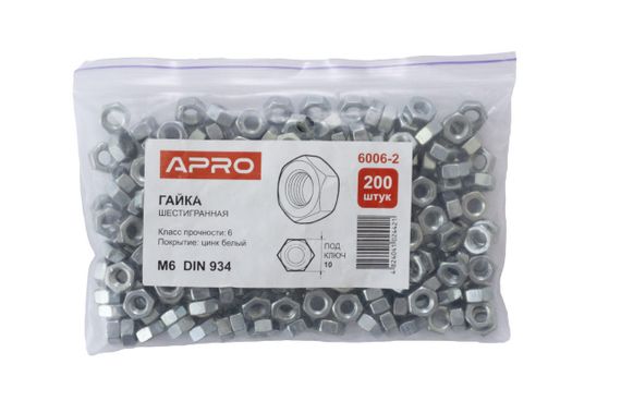 Гайка шестигранная Apro - М6 DIN 934 (200 шт.) (6006-2) | Зображення 1