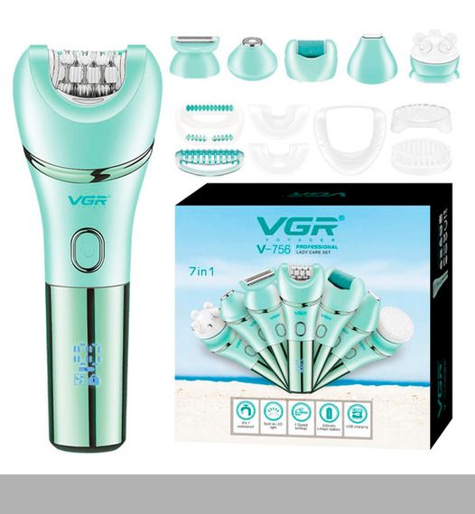 Епілятор VGR 7 в 1 V-756 GREEN, 7 насадок, IPX7 (46269-V-756 GREEN_708)